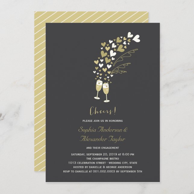 Gold Hearts And Champagne Cheers Engagement Party Invitation (Front/Back)