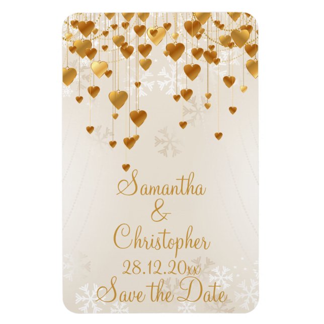 Gold Hearts and Snowflakes Wedding Save the Date Magnet (Vertical)