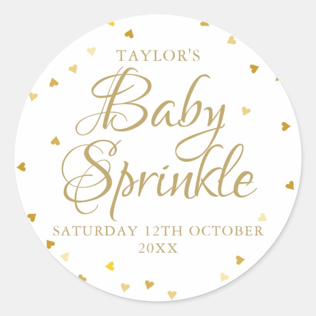 Gold hearts baby sprinkle classic round sticker (Front)