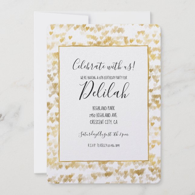 Gold Hearts Birthday Invitation (Front)