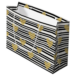 Gold Hearts Black Stripe Valentine Pattern Large Gift Bag