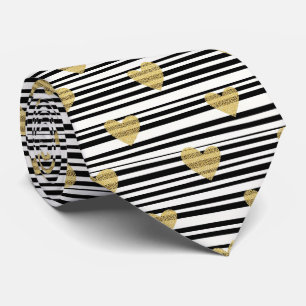 Gold Hearts Black Stripe Valentine Pattern Tie