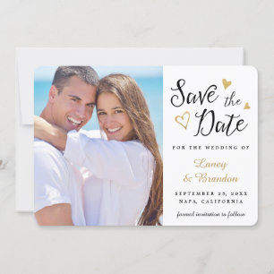 Gold Hearts Black White Save the Date Announcement