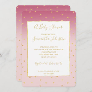 Gold Hearts Blush Pink Ombre Baby Shower Invitation