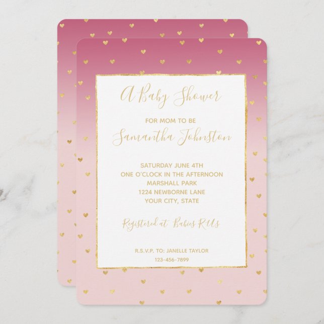 Gold Hearts Blush Pink Ombre Baby Shower Invitation (Front/Back)