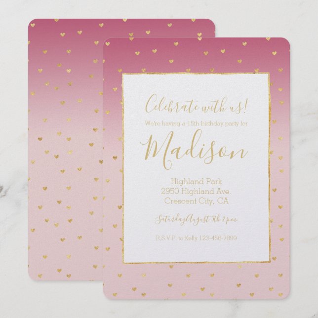 Gold Hearts Blush Pink Ombre Birthday Invitation (Front/Back)