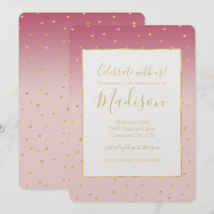 Gold Hearts Blush Pink Ombre Birthday Invitation
