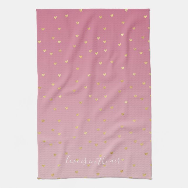 Gold Hearts Blush Pink Ombre Love is in the air Tea Towel (Vertical)