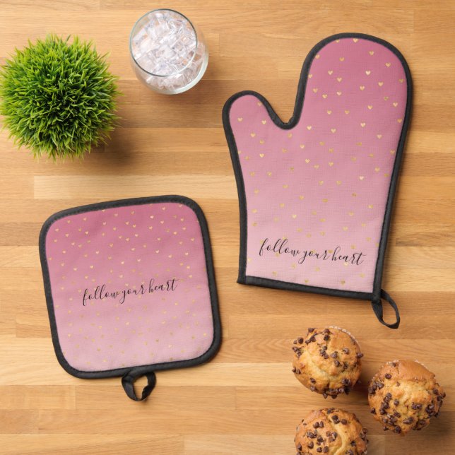 Gold Hearts Blush Pink Ombre  Oven Mitt & Pot Holder Set (Top Down)