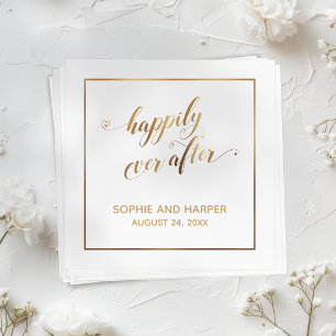 Gold Hearts & Border Happily Ever After, White Napkin