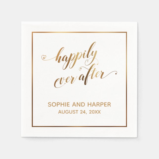 Gold Hearts & Border Happily Ever After, White Napkin (Front)
