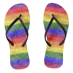 Gold Hearts, Bright Rainbow Gay Pride Flag Colours Flip Flops