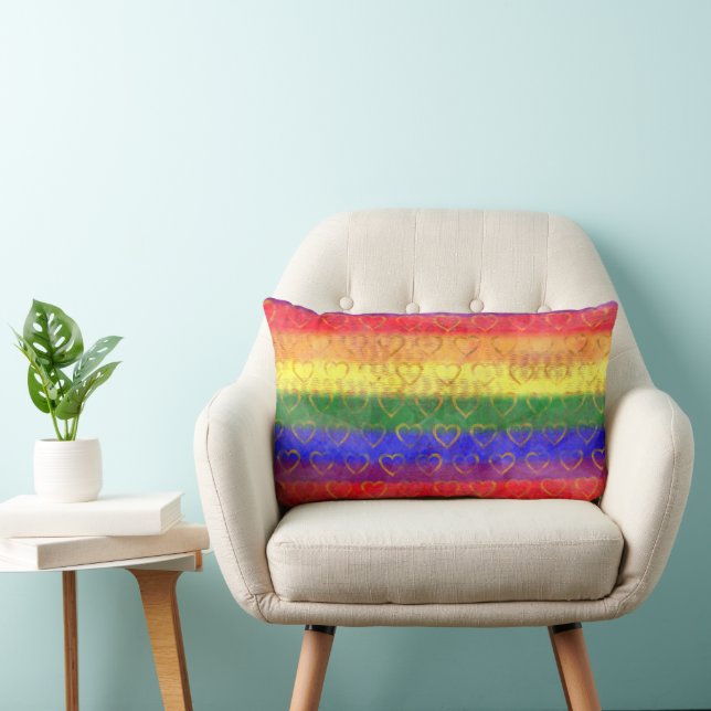 Gold Hearts, Bright Rainbow Gay Pride Flag Colours Lumbar Cushion (Chair)