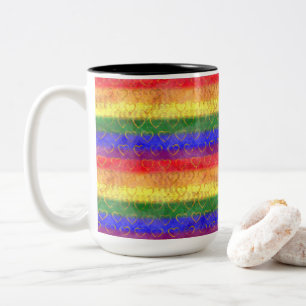 Gold Hearts, Bright Rainbow Gay Pride Flag Colours Two-Tone Coffee Mug