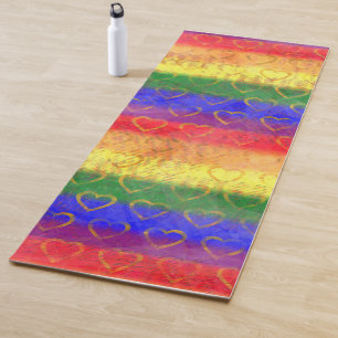 Gold Hearts, Bright Rainbow Gay Pride Flag Colours Yoga Mat