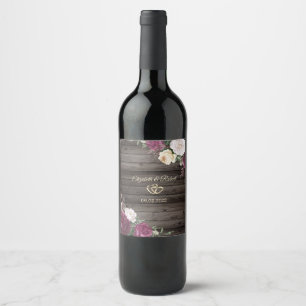 Gold Hearts Burgundy Flowers Wood Wine Label
