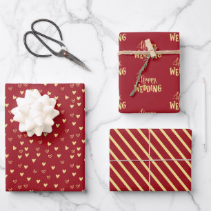 Gold Hearts Burgundy Happy Wedding Gift Wrapping Paper Sheet