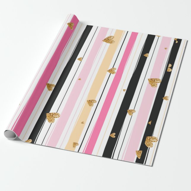 Gold hearts colourful hand-made stripes pattern 2 wrapping paper (Unrolled)