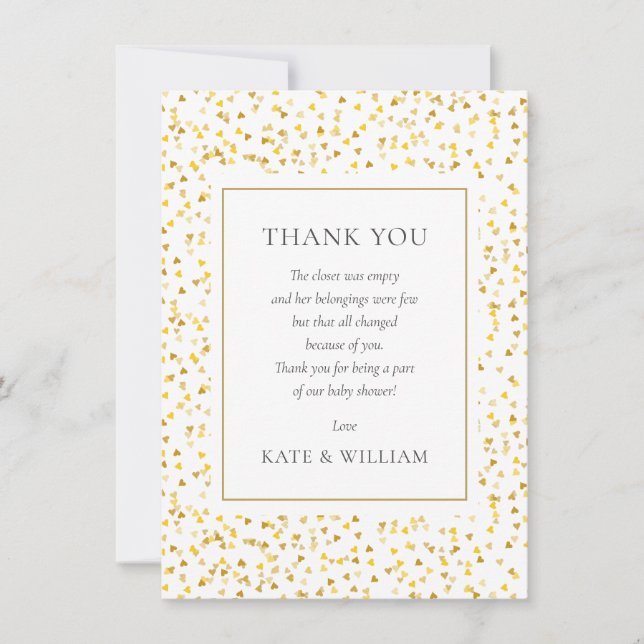 Gold Hearts Confetti Baby Shower Poem Thank You Card (Front)