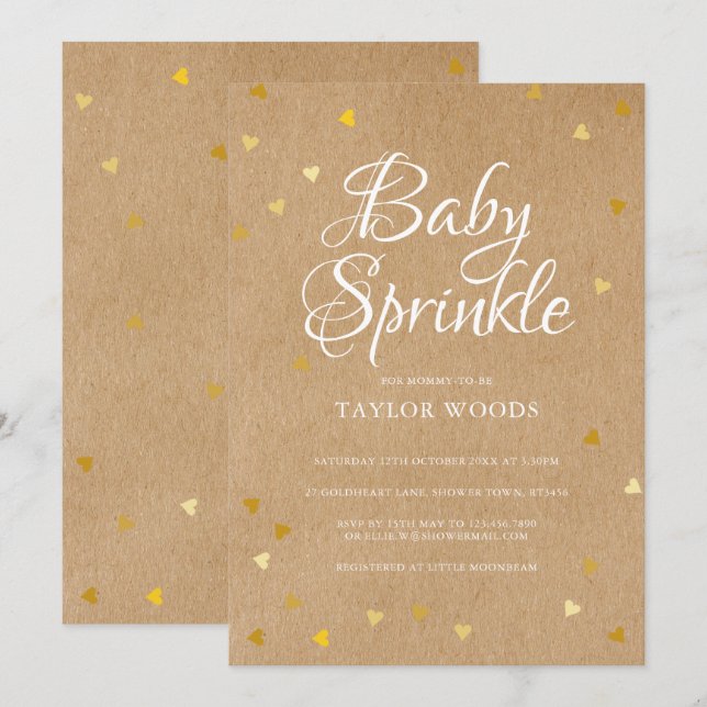 Gold Hearts Confetti Baby Sprinkle Rustic Kraft Invitation (Front/Back)