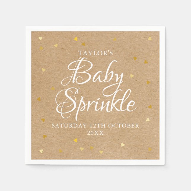 Gold Hearts Confetti Baby Sprinkle / Shower Rustic Napkin (Front)