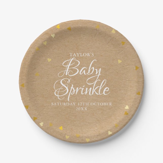 Gold Hearts Confetti Baby Sprinkle / Shower Rustic Paper Plate (Front)