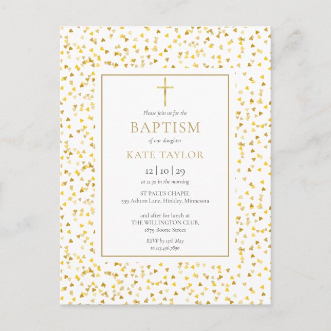 Gold Hearts Confetti Baptism Christening Invitation Postcard (Front)