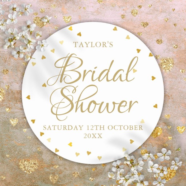 Gold Hearts Confetti Bridal Shower Favour Classic Round Sticker (Gold Hearts Confetti Bridal Shower Favor Classic Round Sticker)