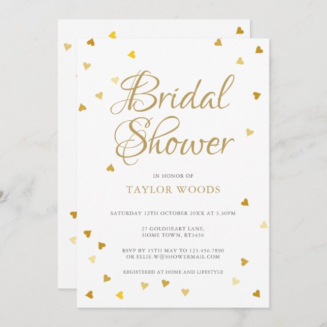 Gold hearts confetti bridal shower invitation (Front/Back)