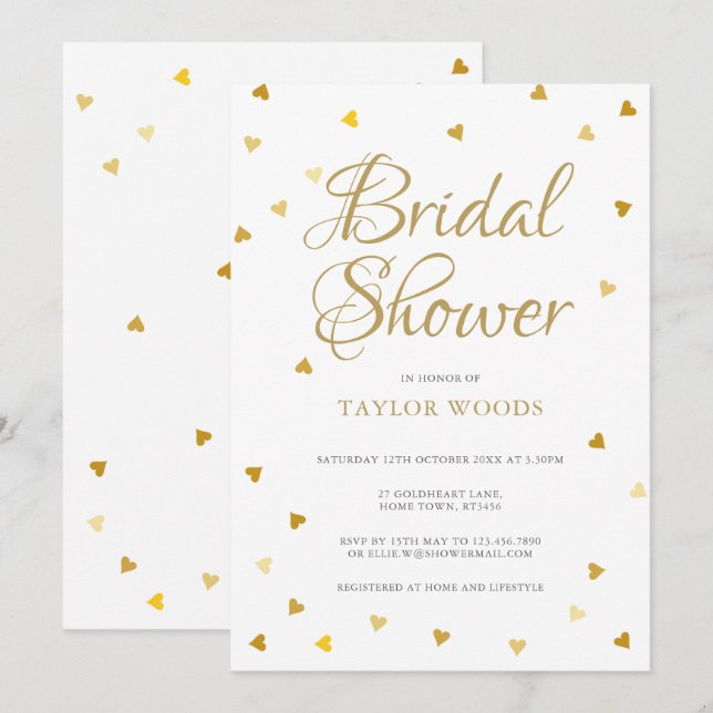 Gold hearts confetti bridal shower invitation (Front/Back)