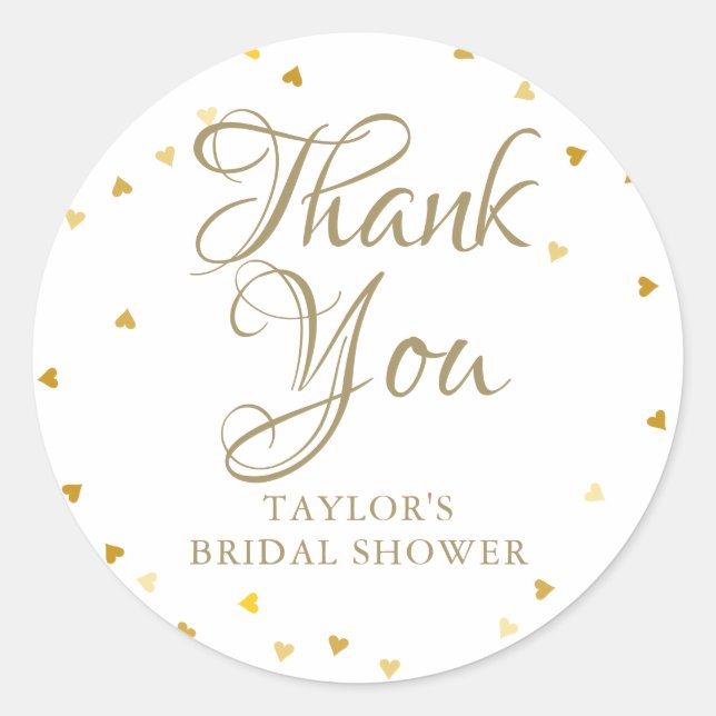 Gold hearts confetti bridal shower Thank You Classic Round Sticker (Front)
