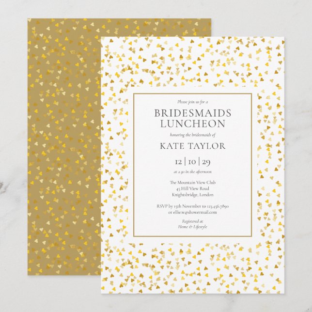 Gold Hearts Confetti Bridesmaids Luncheon Invitation (Front/Back)