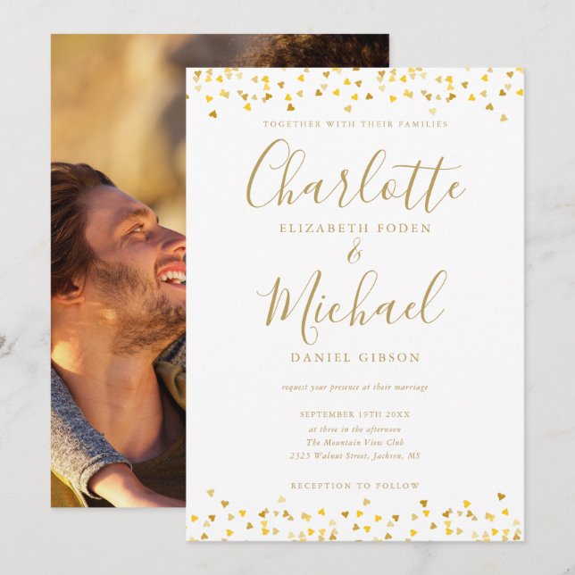 Gold Hearts Confetti Elegant Script Photo Wedding Invitation (Front/Back)