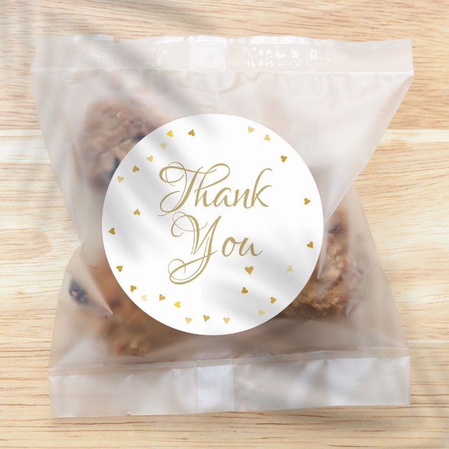 Gold Hearts Confetti Elegant Script Thank You Classic Round Sticker (Creator Uploaded)