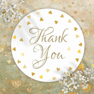 Gold Hearts Confetti Elegant Script Thank You Classic Round Sticker
