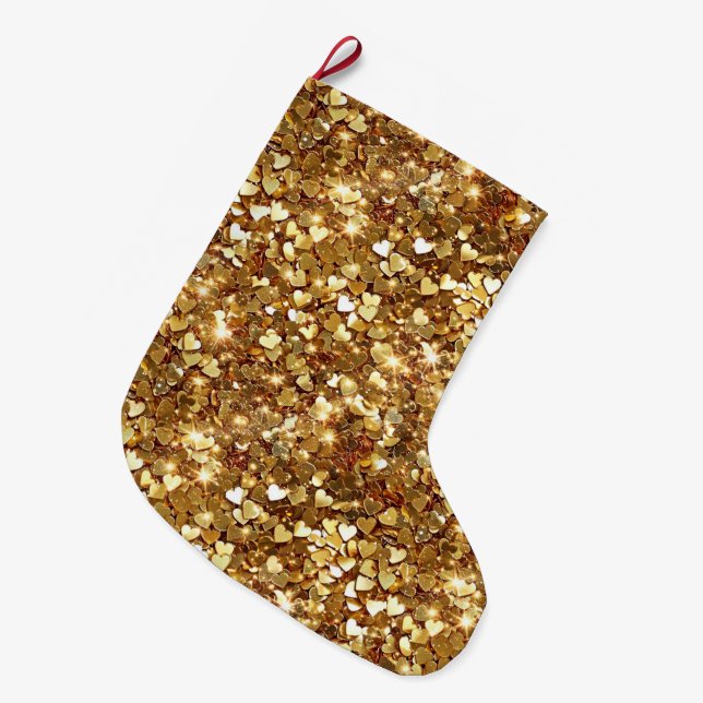 Gold Hearts Confetti Large Christmas Stocking (Front (Hanging))