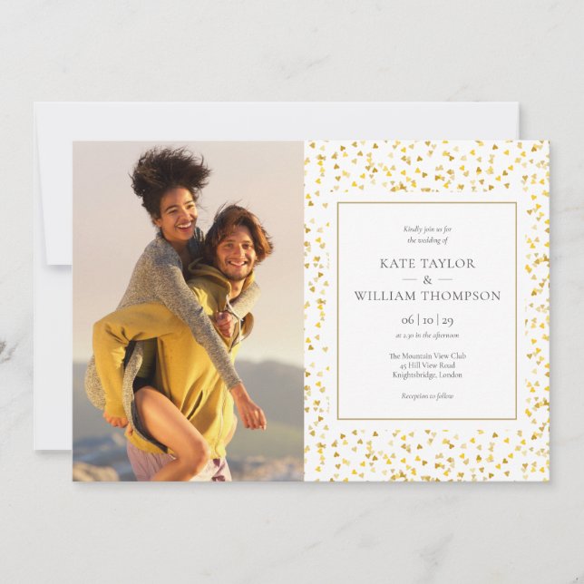 Gold Hearts Confetti Photos Wedding Invitation (Front)