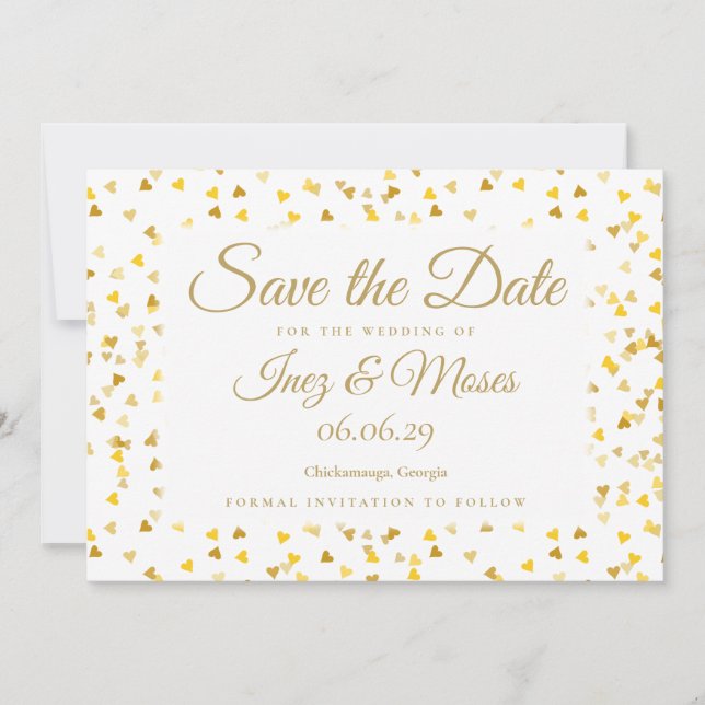 Gold Hearts Confetti Save the Date (Front)