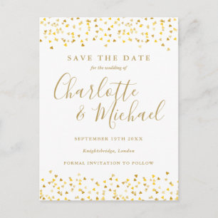 Gold Hearts Confetti Save The Date Postcard