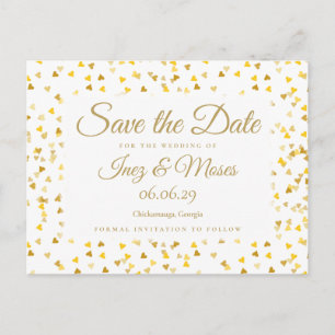 Gold Hearts Confetti Save the Date Postcard