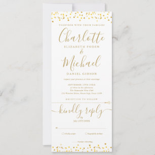 Gold Hearts Confetti Script All In One Wedding Invitation
