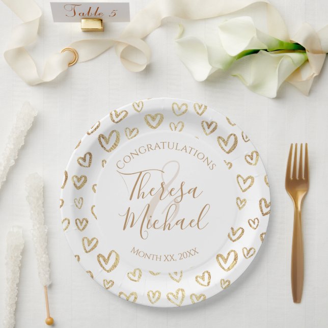Gold Hearts Congratulation  Paper Plate (Wedding)