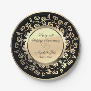 Gold Hearts Floral 50th Wedding Anniversar Paper Plate