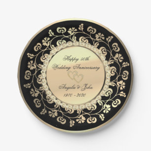 Gold Hearts Floral Diamonds 50thWedding Anniversar Paper Plate