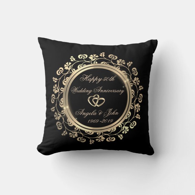 Gold Hearts,Floral Swirls 50th Wedding Anniversary Cushion (Front)