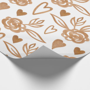 Gold hearts, flowers and leaves wrapping paper