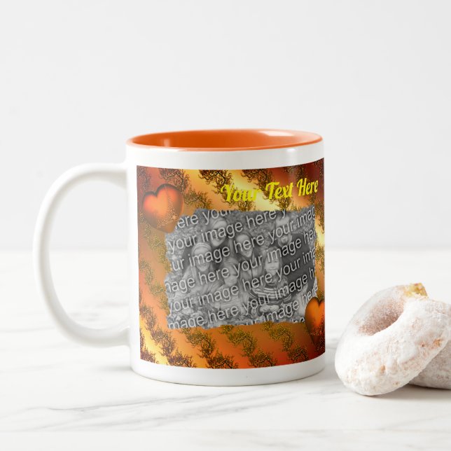 Gold Hearts Frame Personalised Photo   Two-Tone Coffee Mug (With Donut)