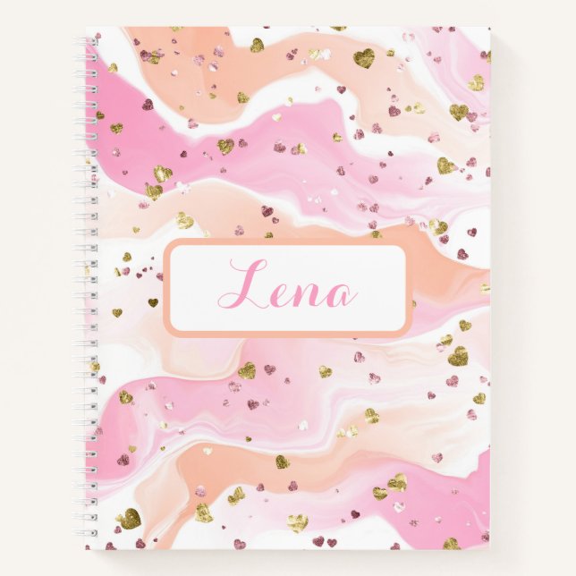 Gold Hearts Glitter Pink Personalised Notebook (Front)