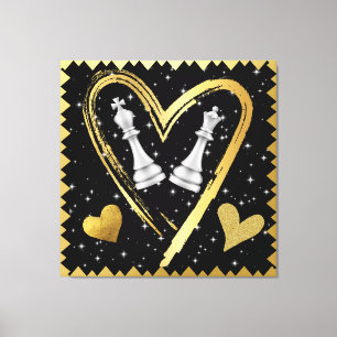 Gold Hearts King and Queen Chess Pieces on Black Canvas Print