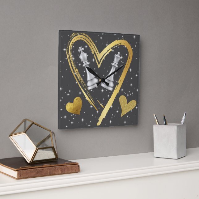 Gold Hearts King and Queen Chess Pieces on Black | Square Wall Clock (Office)